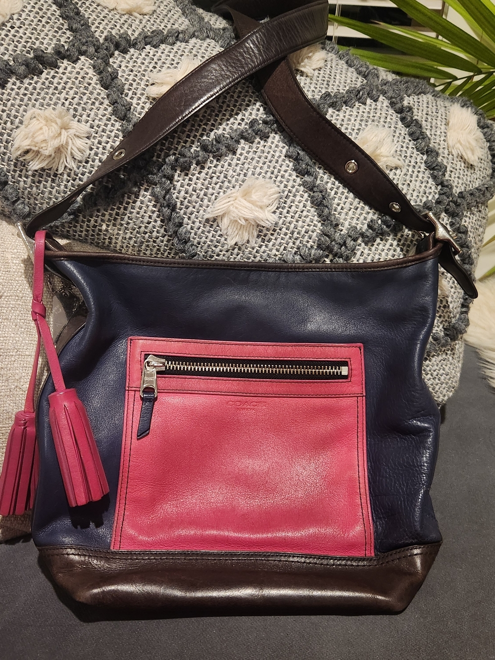 COACH Leather Shoulder Bag with Pink Front Pocket - Tri Color Bag